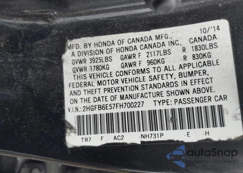 2015 Honda Civic Si from USA, damaged, VIN 2HGFB6E57FH700227